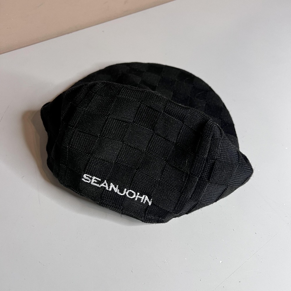 Sean John Hat Cap Mens One Size Black Knit Flat Ivy Checkered Stretch Winter